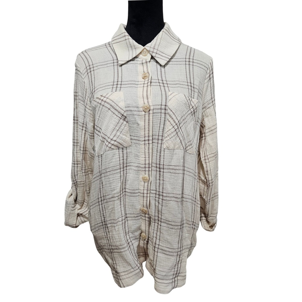 Mystree Plaid Button Down‎ Women Medium Cream Brown Gauzy Top Roll Tab Sleeve